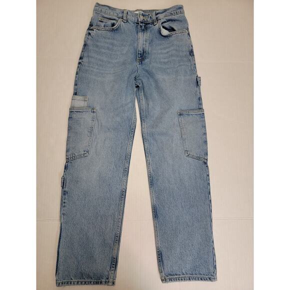 Zara Cargo Jeans Womens Sz 4 Slim Straight High Rise Carpenter Utility Pockets - Picture 2 of 11